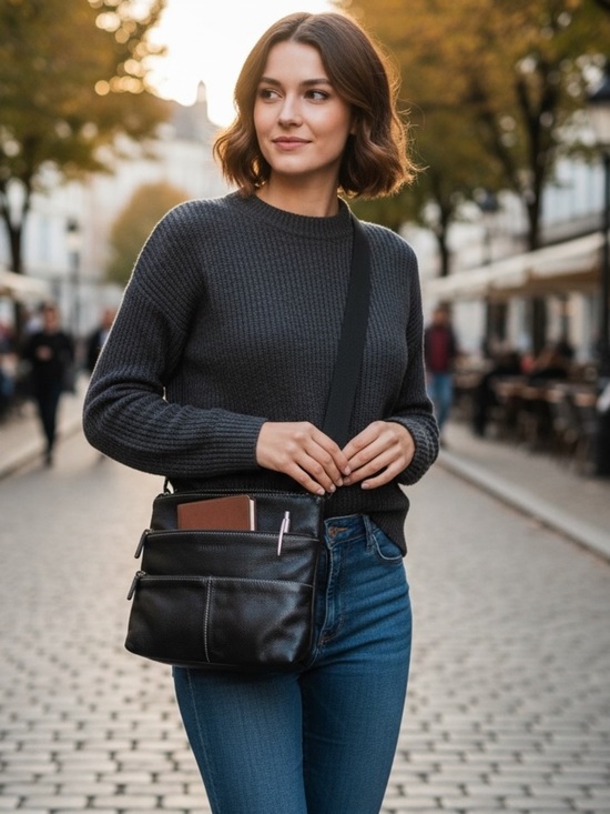 Roots Handbags - ROOTS Canada Black Pebbled Leather Crossbody Multi-Pocket Messenger Bag